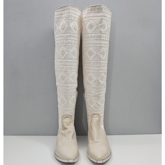 NEW Free People Bren Knee High Boot Womens EU 38 Cream Embroidered Boho Slouchy - Picture 5 of 15
